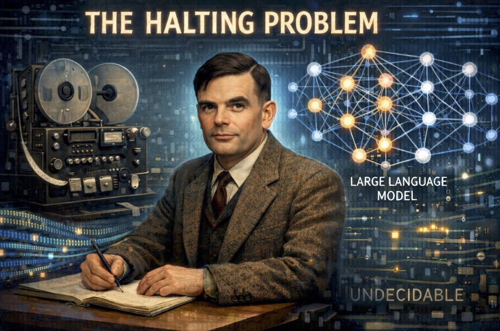 Conceptual illustration of the Halting Problem and Large Language Models